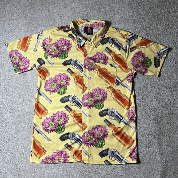 OAF Nation Shirt Men Large Yellow Hawaiian Revolver All Over Print Short Sleeve - Picture 1 of 8